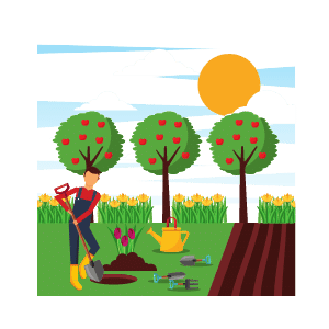 ilustración huerto y jardín jardin con hombre con pala trabajando