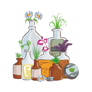 ilustración remedios y trucos caseros, botecitos y botellas con plantas medicinales